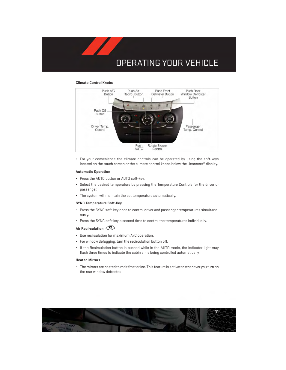 Climate control knobs, Automatic operation, Sync temperature soft-key | Air recirculation, Heated mirrors, Operating your vehicle | Dodge 2013 Journey - User Guide User Manual | Page 33 / 116