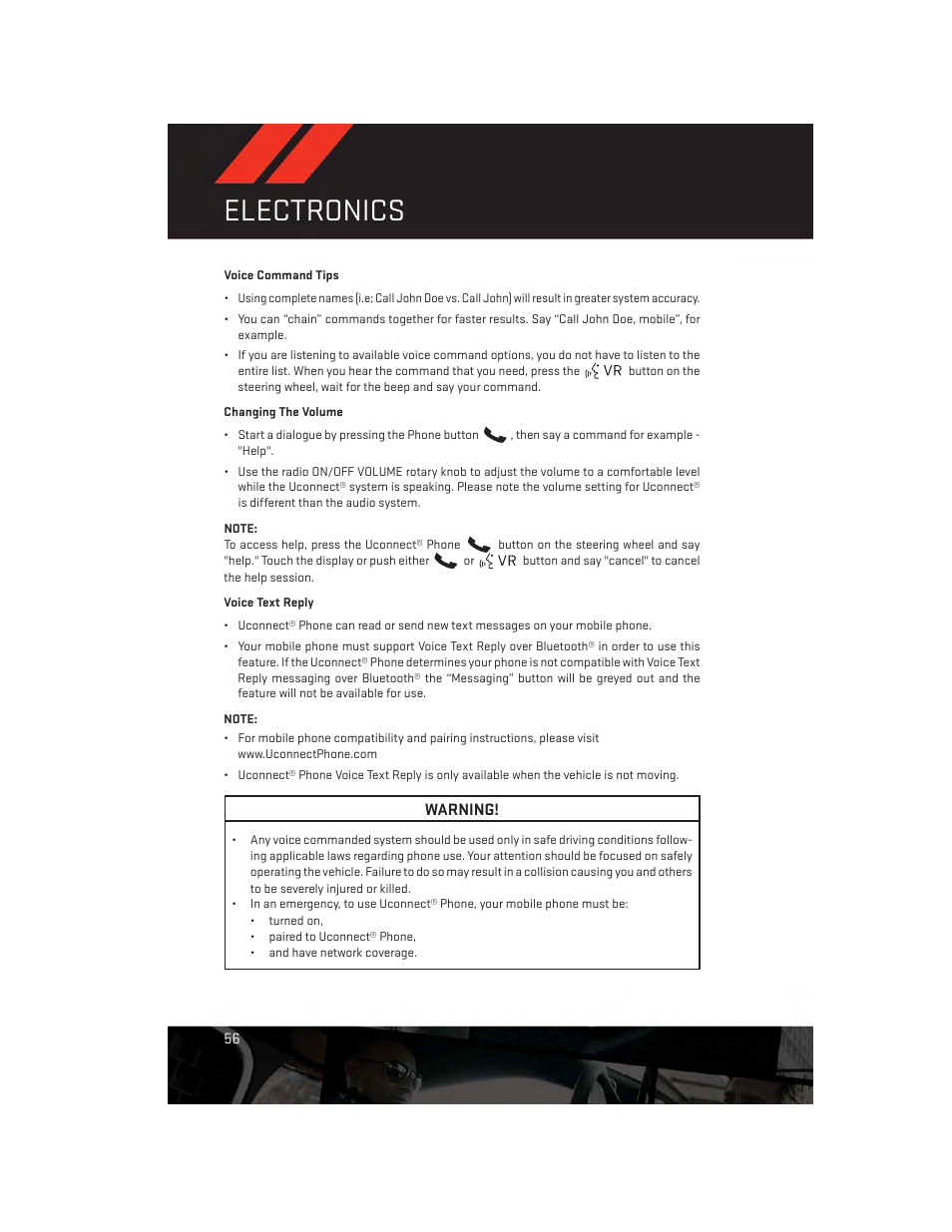 Voice command tips, Changing the volume, Voice text reply | Electronics | Dodge 2013 Journey - User Guide User Manual | Page 58 / 116