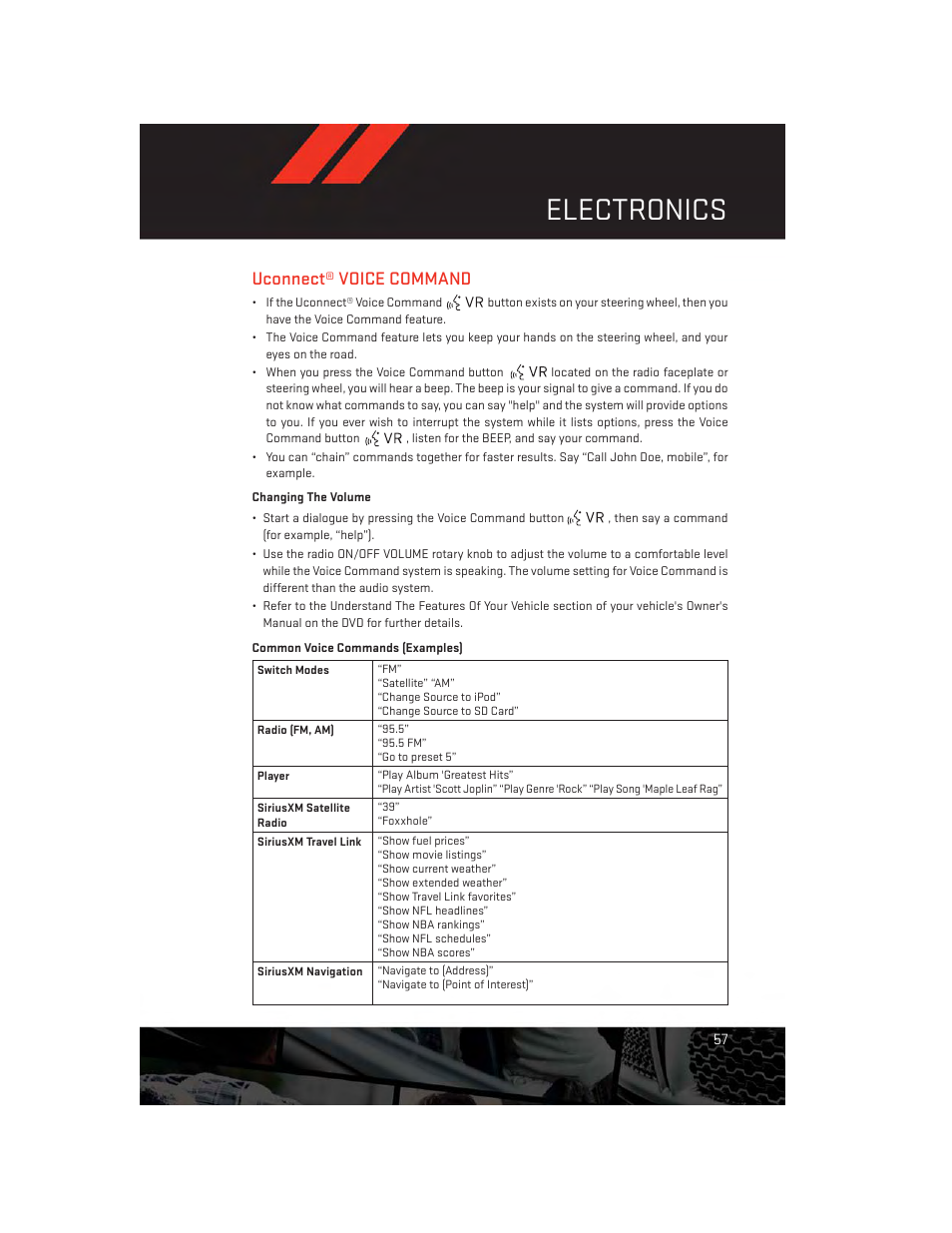 Uconnect® voice command, Changing the volume, Common voice commands (examples) | Electronics | Dodge 2013 Journey - User Guide User Manual | Page 59 / 116