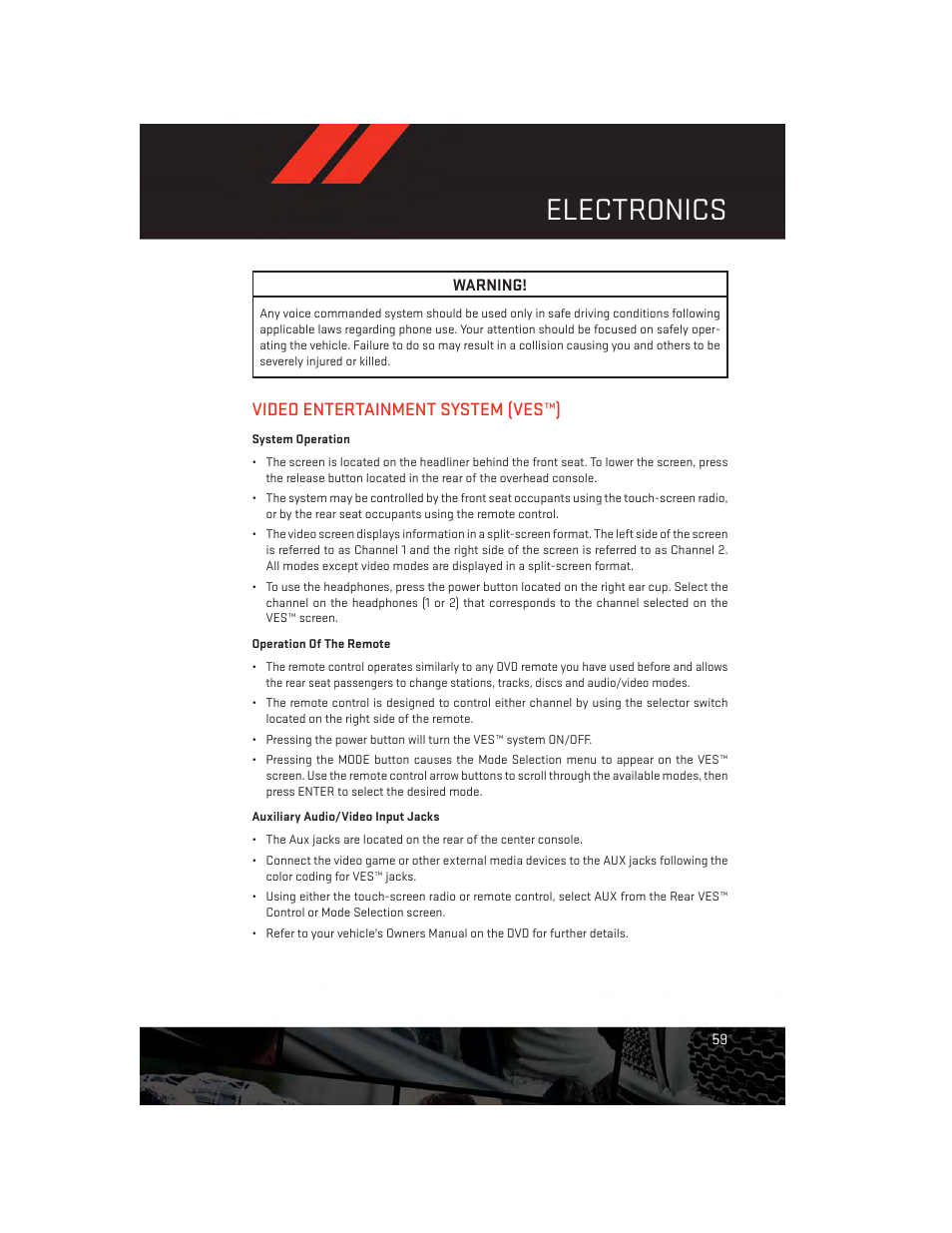 Video entertainment system (ves™), System operation, Operation of the remote | Auxiliary audio/video input jacks, Electronics | Dodge 2013 Journey - User Guide User Manual | Page 61 / 116