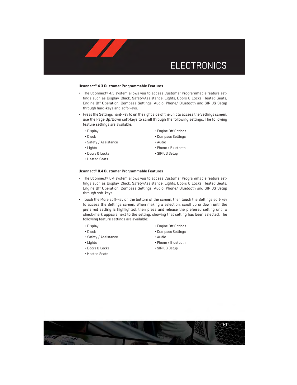 Uconnect® 4.3 customer programmable features, Uconnect® 8.4 customer programmable features, Electronics | Dodge 2013 Journey - User Guide User Manual | Page 63 / 116