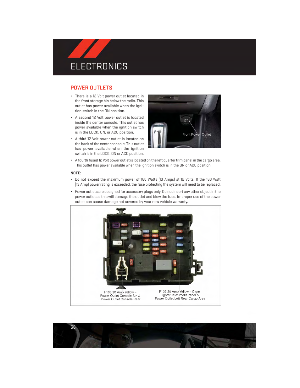 Power outlets, Electronics | Dodge 2013 Journey - User Guide User Manual | Page 68 / 116