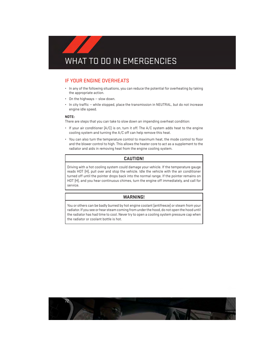 If your engine overheats, What to do in emergencies | Dodge 2013 Journey - User Guide User Manual | Page 74 / 116