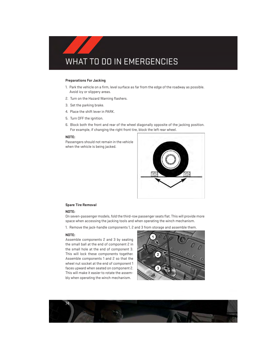 Preparations for jacking, Spare tire removal, What to do in emergencies | Dodge 2013 Journey - User Guide User Manual | Page 76 / 116