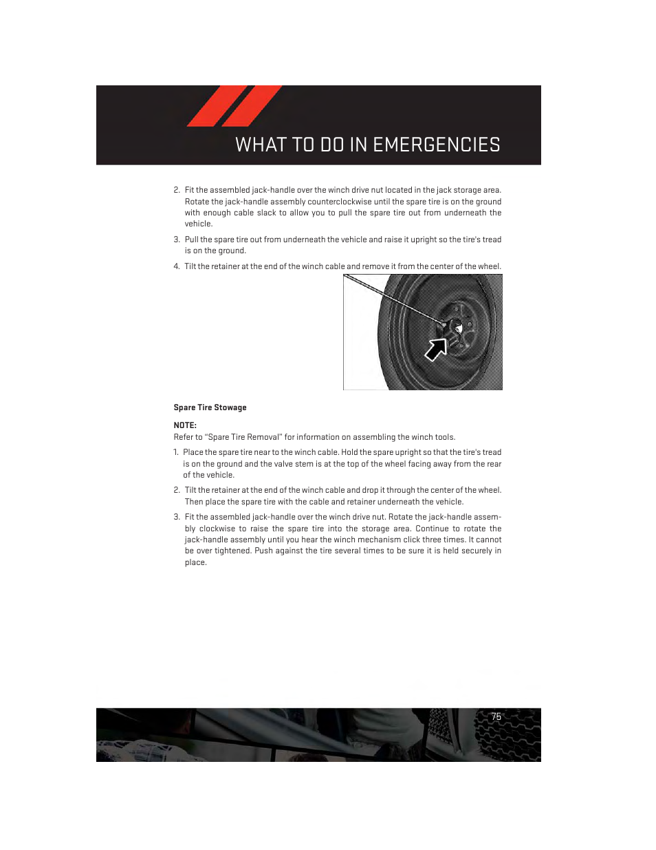 Spare tire stowage, What to do in emergencies | Dodge 2013 Journey - User Guide User Manual | Page 77 / 116