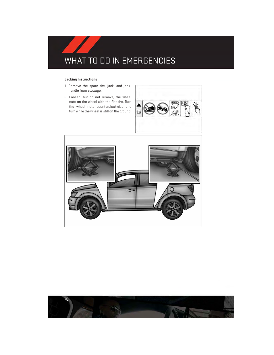 Jacking instructions, What to do in emergencies | Dodge 2013 Journey - User Guide User Manual | Page 78 / 116