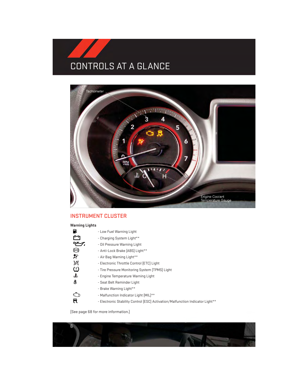 Instrument cluster, Warning lights, Controls at a glance | Dodge 2013 Journey - User Guide User Manual | Page 8 / 116