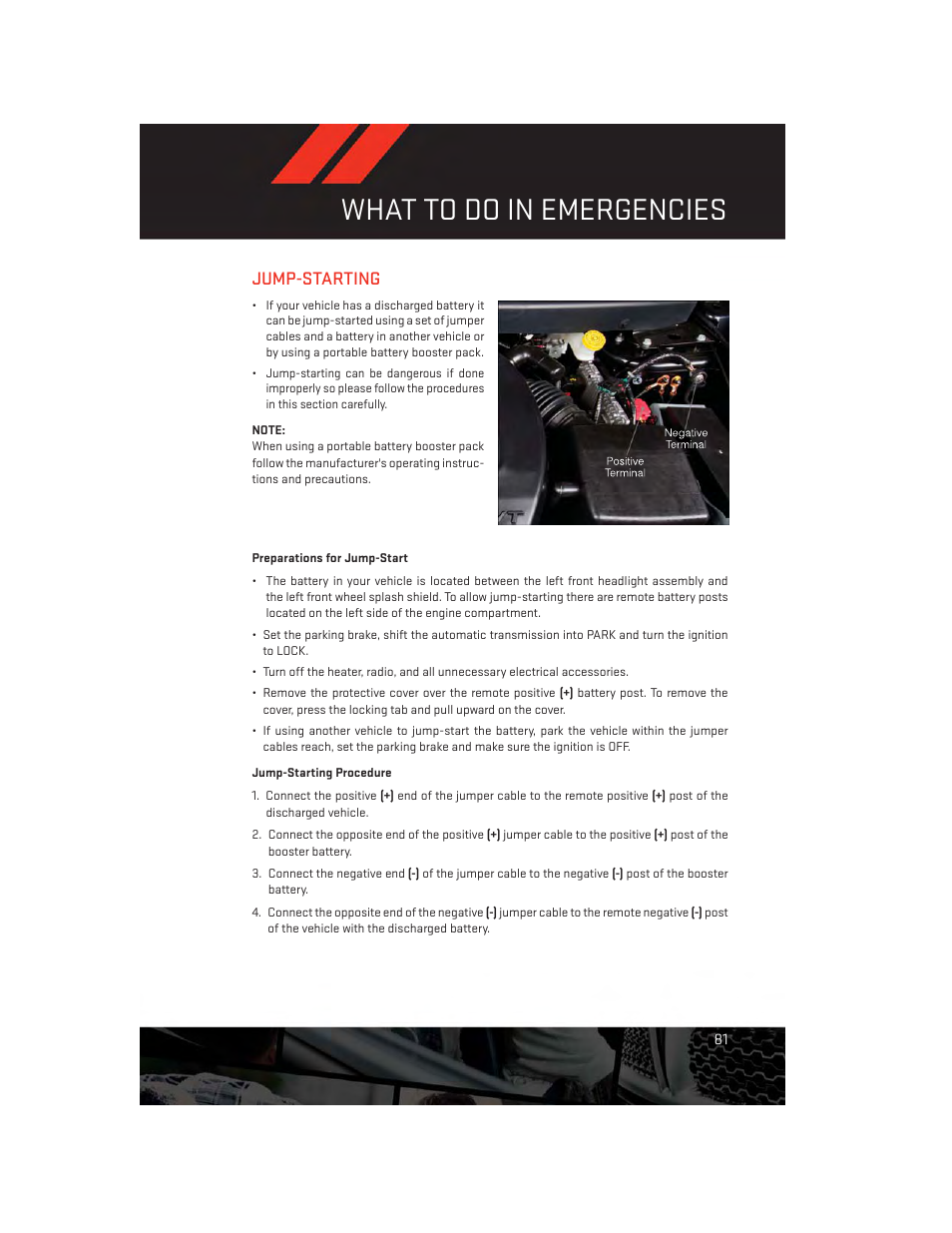 Jump-starting, Preparations for jump-start, Jump-starting procedure | What to do in emergencies | Dodge 2013 Journey - User Guide User Manual | Page 83 / 116