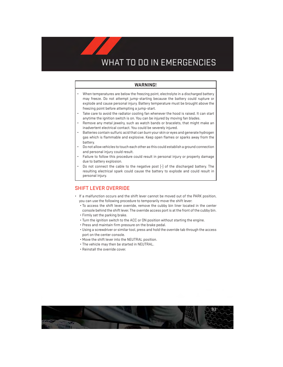 Shift lever override, What to do in emergencies | Dodge 2013 Journey - User Guide User Manual | Page 85 / 116