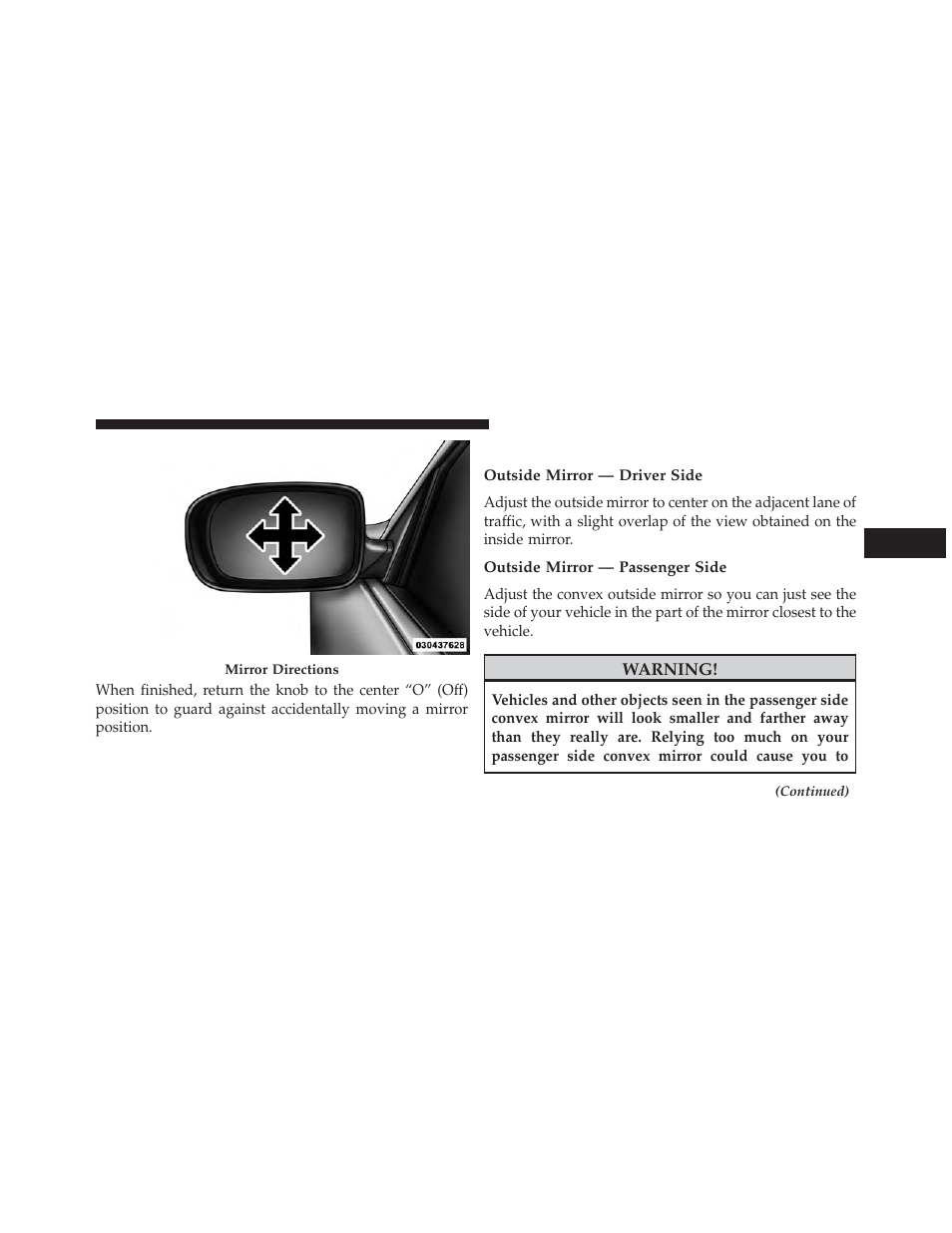 Adjusting side view mirrors, Outside mirror — driver side, Outside mirror — passenger side | Dodge 2014 Avenger - Owner Manual User Manual | Page 113 / 517