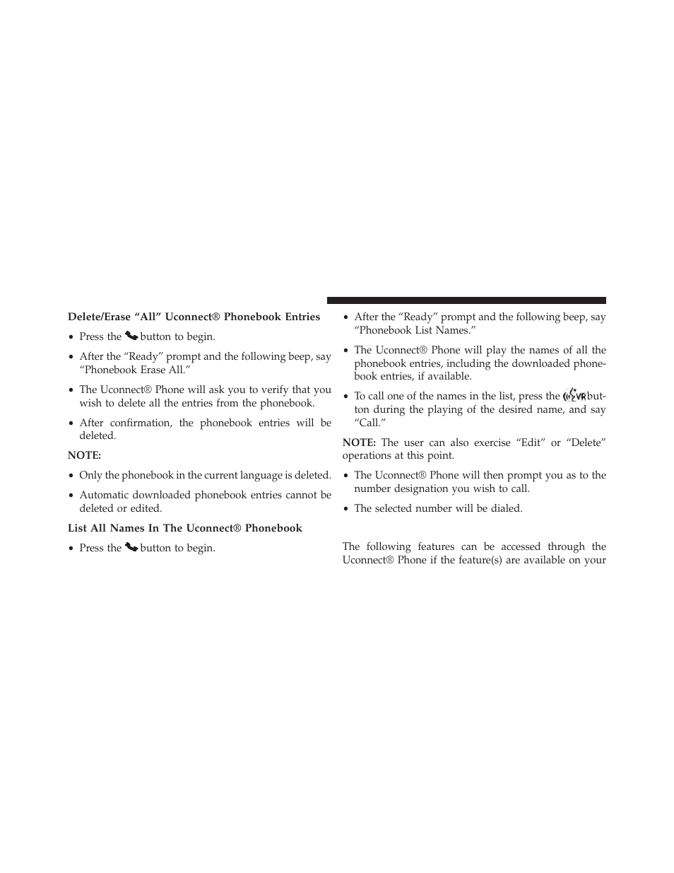 Delete/erase “all” uconnect® phonebook entries, List all names in the uconnect® phonebook, Phone call features | Dodge 2014 Avenger - Owner Manual User Manual | Page 124 / 517