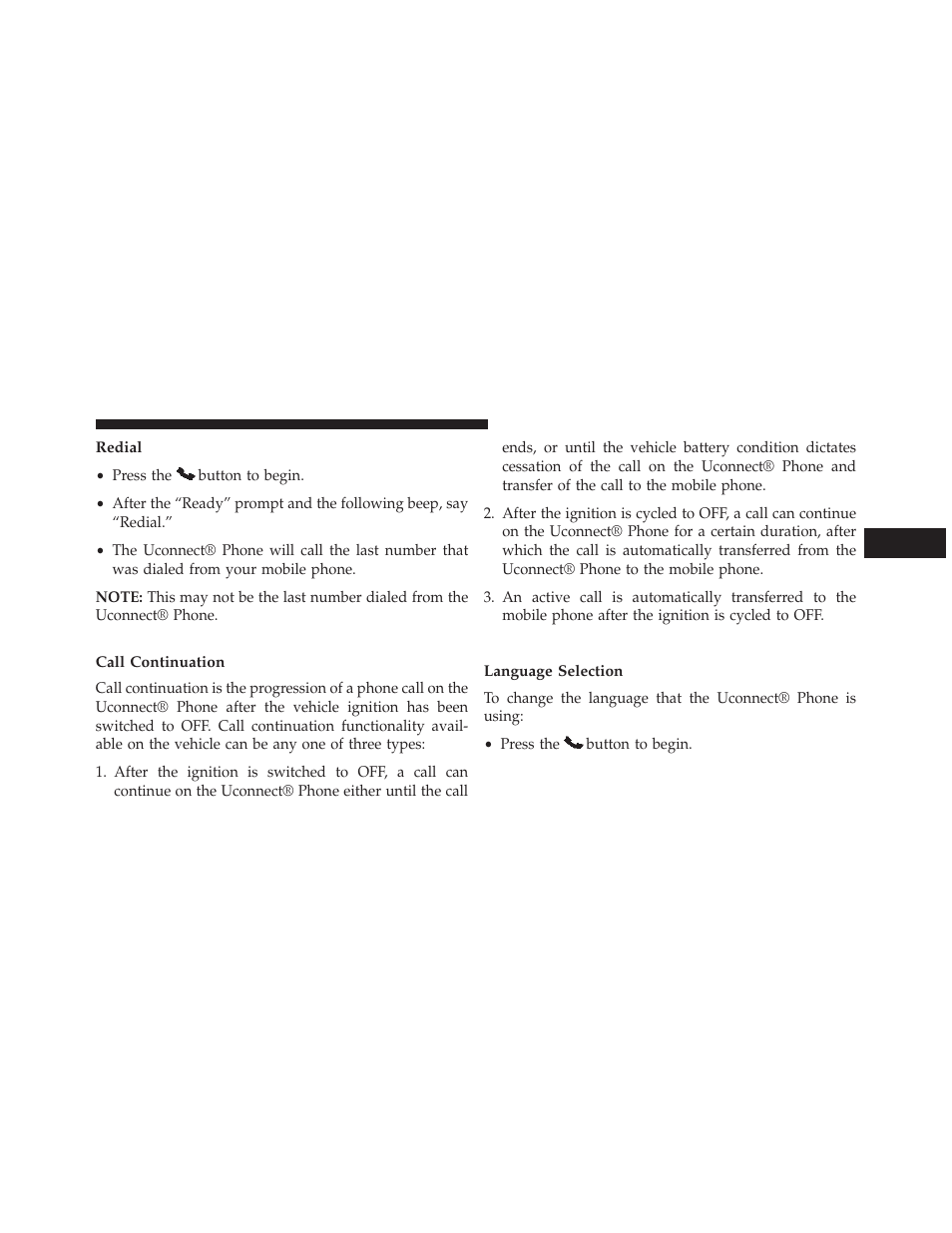 Redial, Call continuation, Uconnect® phone features | Language selection | Dodge 2014 Avenger - Owner Manual User Manual | Page 127 / 517