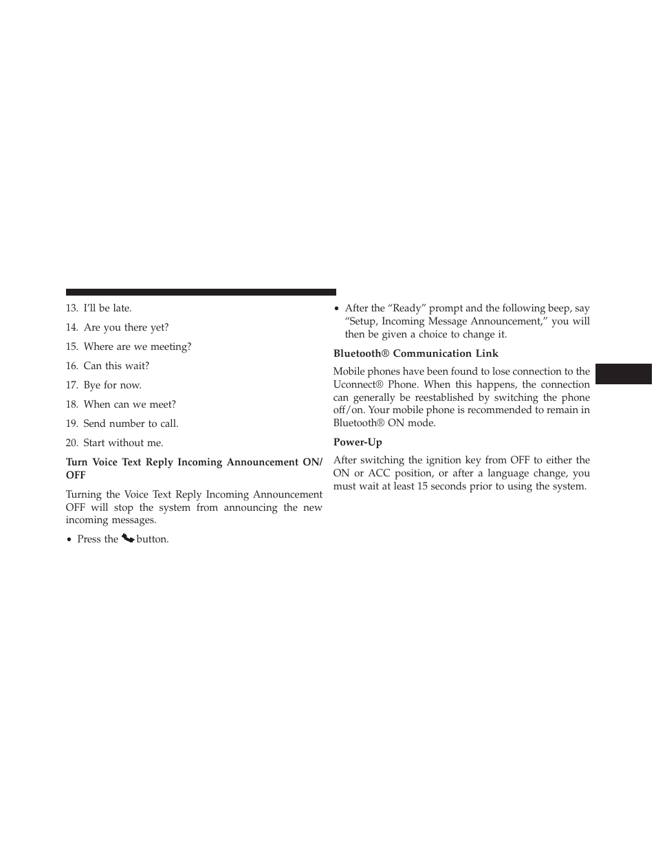 Bluetooth® communication link, Power-up | Dodge 2014 Avenger - Owner Manual User Manual | Page 139 / 517