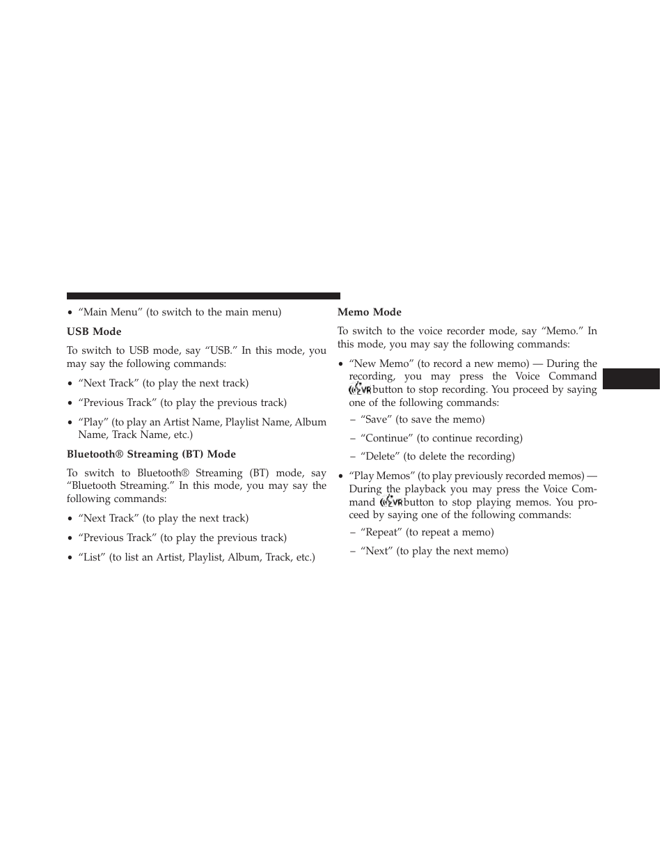 Usb mode, Bluetooth® streaming (bt) mode, Memo mode | Dodge 2014 Avenger - Owner Manual User Manual | Page 149 / 517