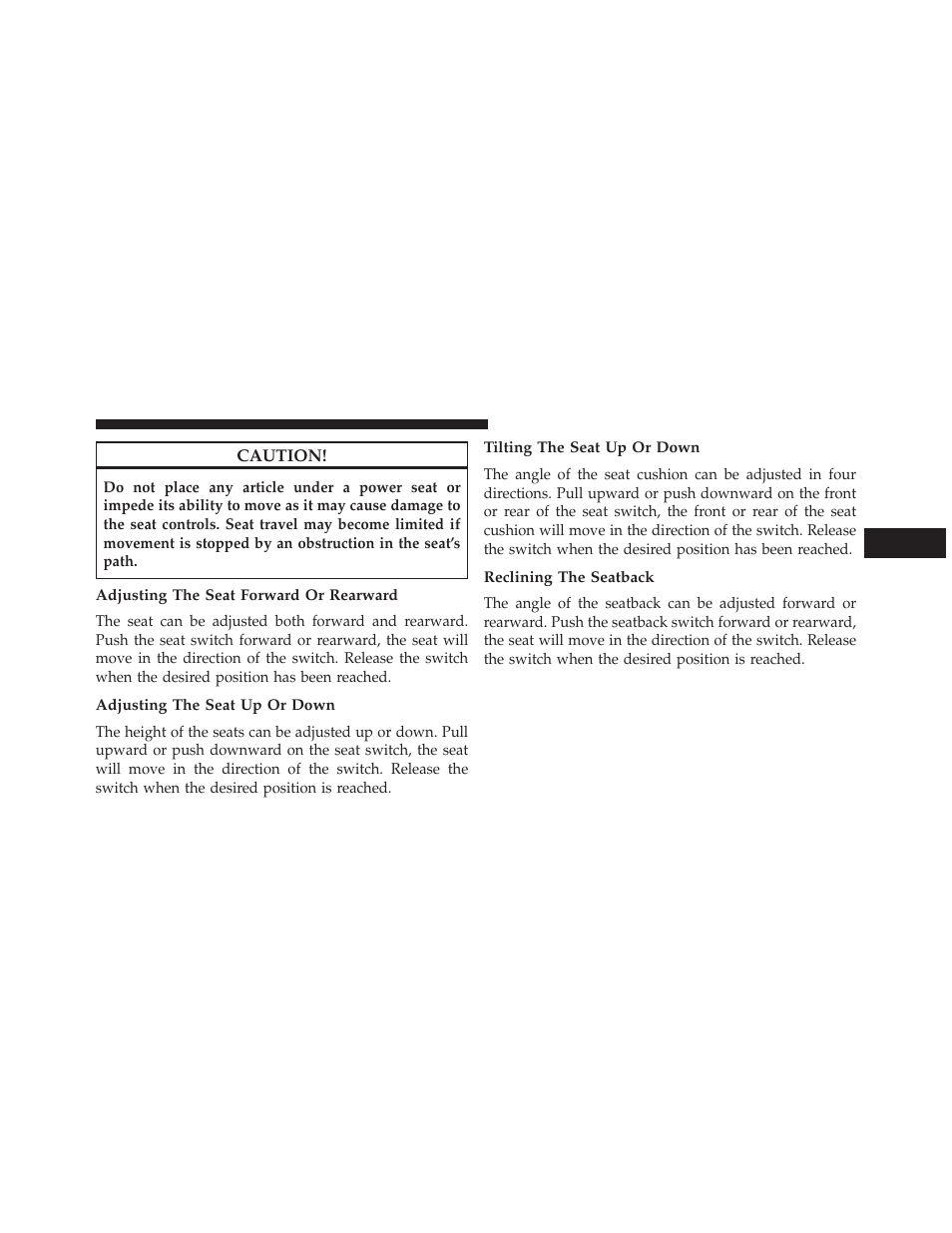 Adjusting the seat forward or rearward, Adjusting the seat up or down, Tilting the seat up or down | Reclining the seatback | Dodge 2014 Avenger - Owner Manual User Manual | Page 153 / 517