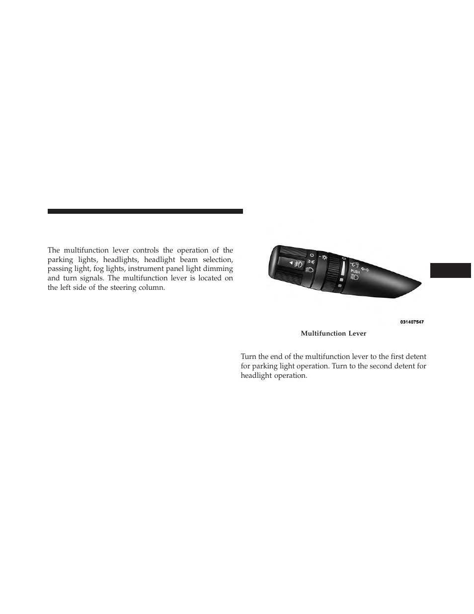 Lights, Multifunction lever, Headlights and parking lights | Dodge 2014 Avenger - Owner Manual User Manual | Page 167 / 517