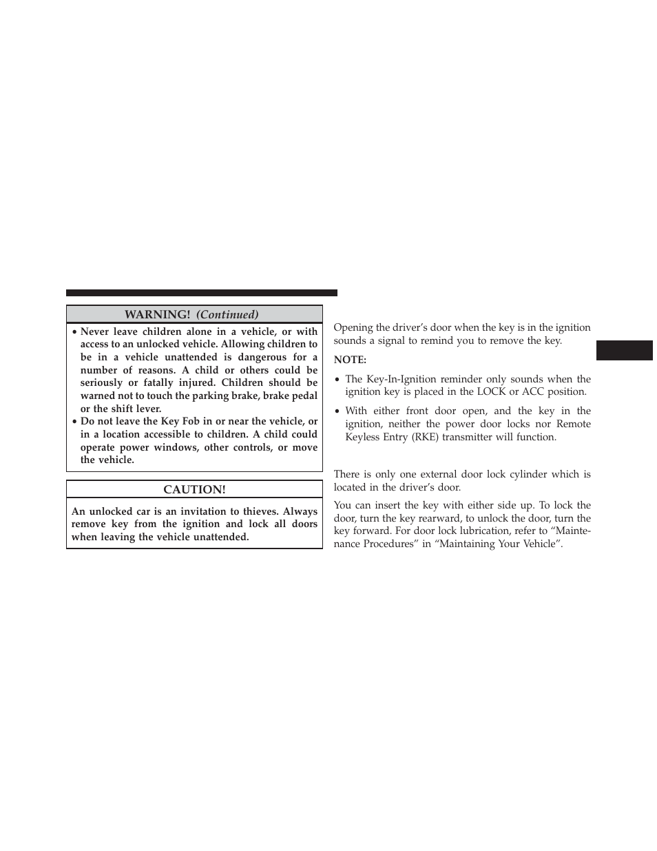 Key-in-ignition reminder, Locking doors with a key | Dodge 2014 Avenger - Owner Manual User Manual | Page 17 / 517