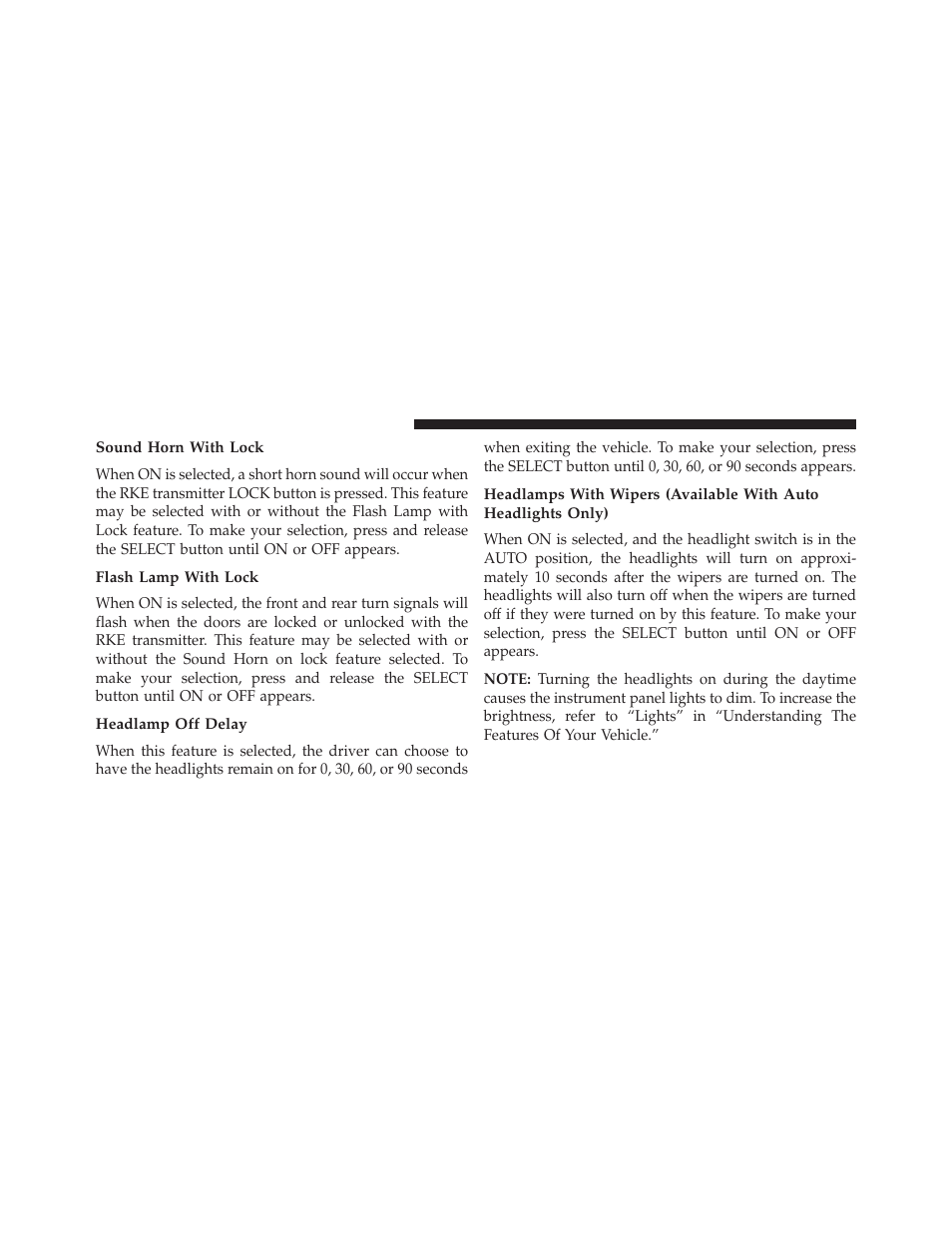 Sound horn with lock, Flash lamp with lock, Headlamp off delay | Dodge 2014 Avenger - Owner Manual User Manual | Page 240 / 517