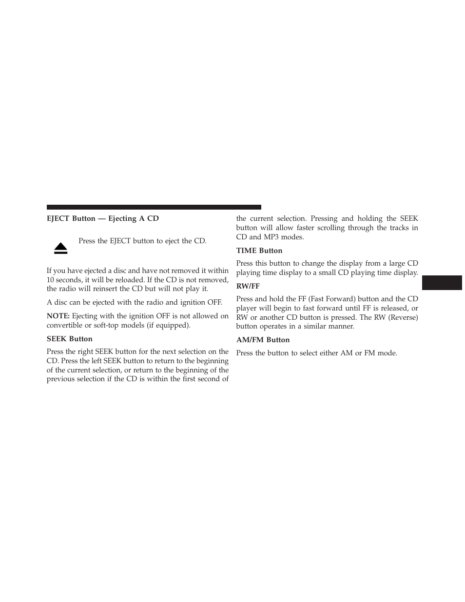 Eject button — ejecting a cd, Seek button, Time button | Rw/ff, Am/fm button | Dodge 2014 Avenger - Owner Manual User Manual | Page 247 / 517