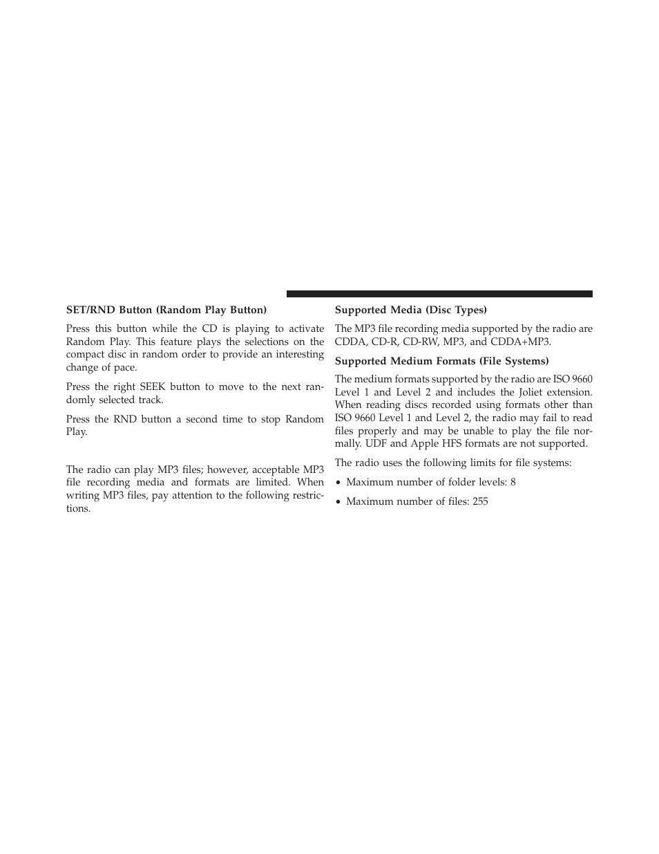 Set/rnd button (random play button), Notes on playing mp3 files, Supported media (disc types) | Supported medium formats (file systems) | Dodge 2014 Avenger - Owner Manual User Manual | Page 248 / 517