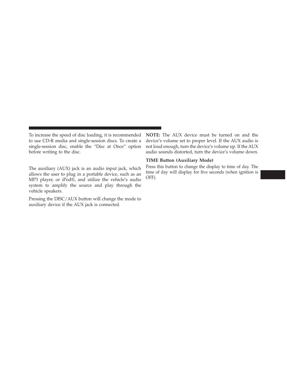 Operation instructions — auxiliary mode, Time button (auxiliary mode) | Dodge 2014 Avenger - Owner Manual User Manual | Page 251 / 517