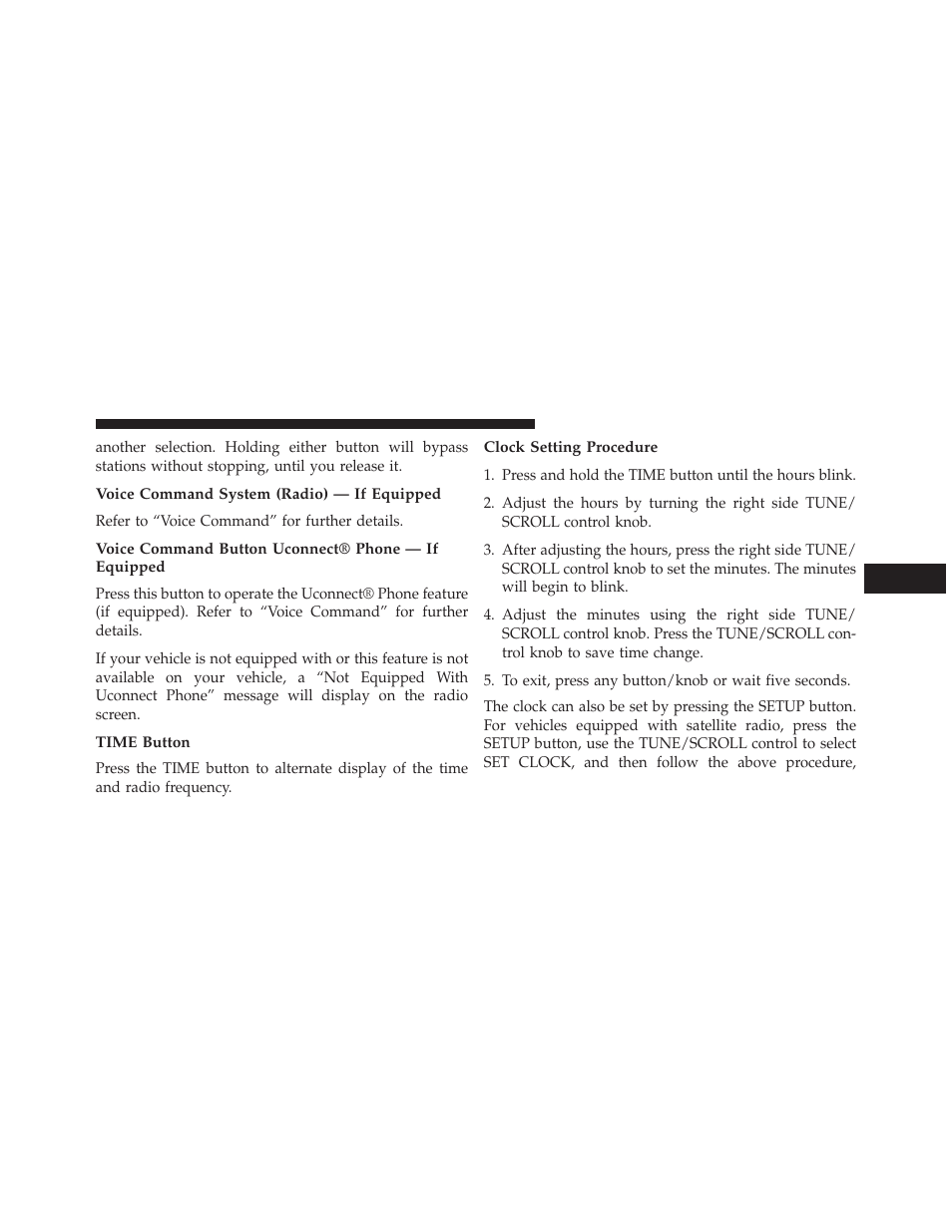 Voice command system (radio) — if equipped, Voice command button uconnect® phone — if equipped, Time button | Clock setting procedure | Dodge 2014 Avenger - Owner Manual User Manual | Page 253 / 517