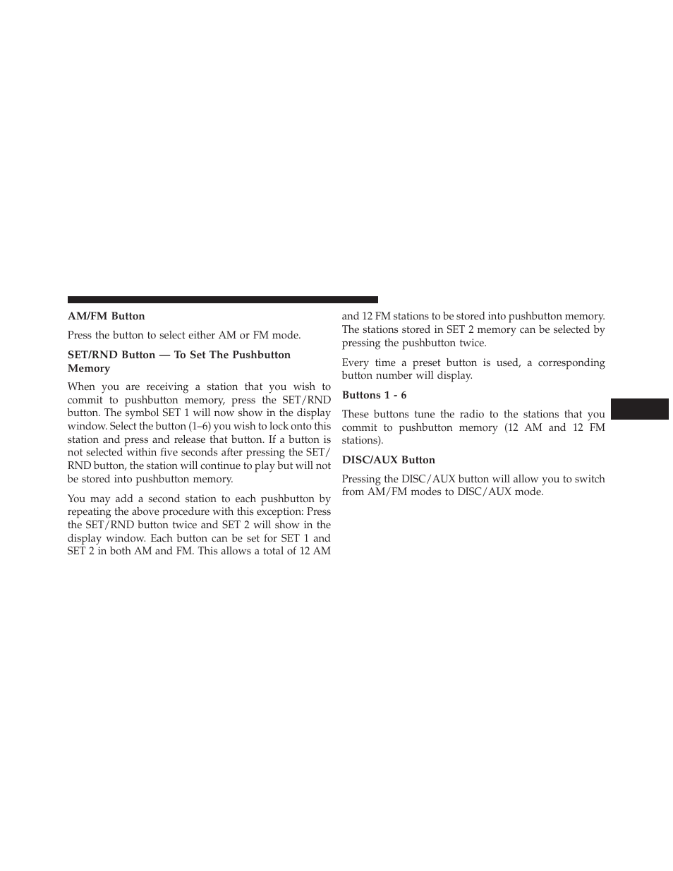 Am/fm button, Set/rnd button — to set the pushbutton memory, Buttons 1 - 6 | Disc/aux button | Dodge 2014 Avenger - Owner Manual User Manual | Page 257 / 517