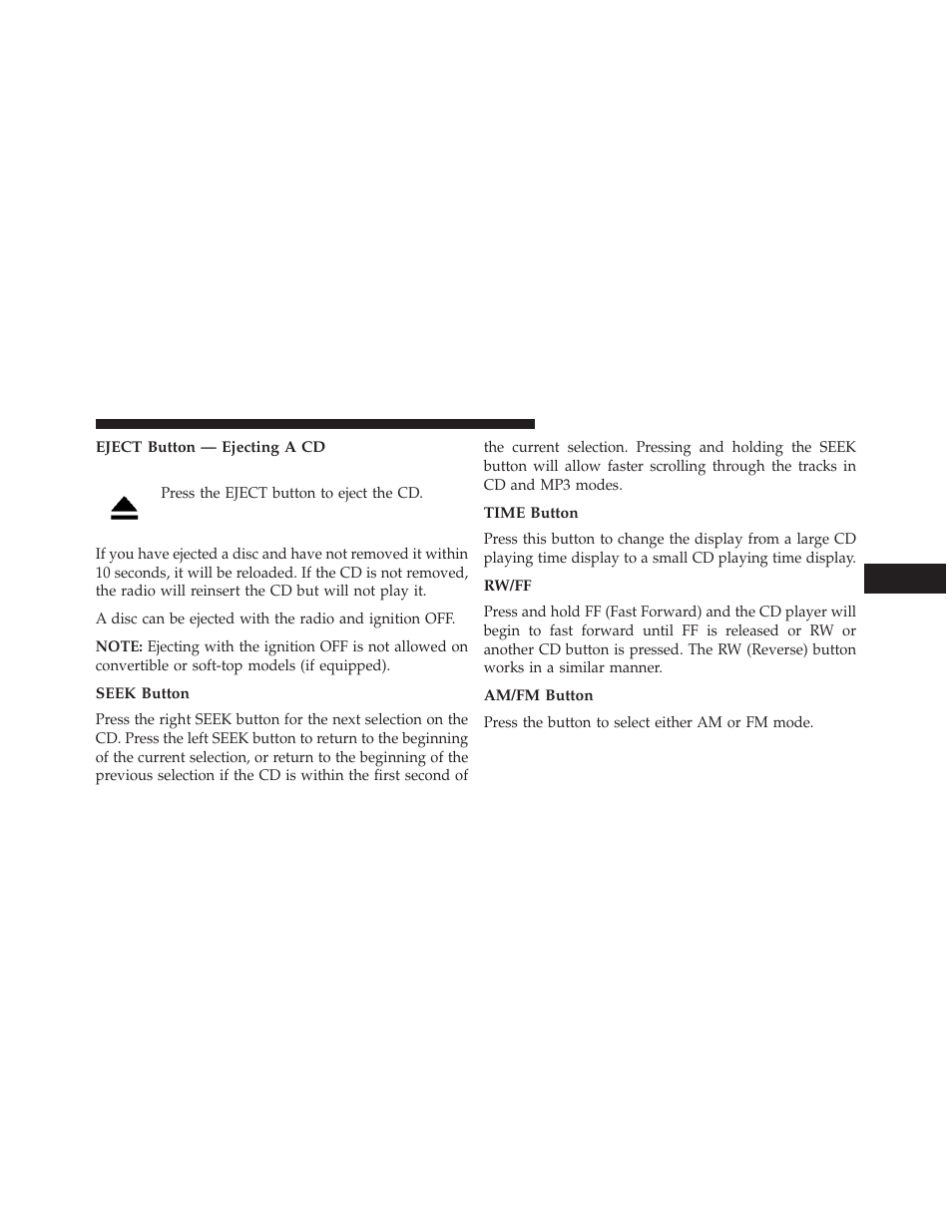 Eject button — ejecting a cd, Seek button, Time button | Rw/ff, Am/fm button | Dodge 2014 Avenger - Owner Manual User Manual | Page 259 / 517