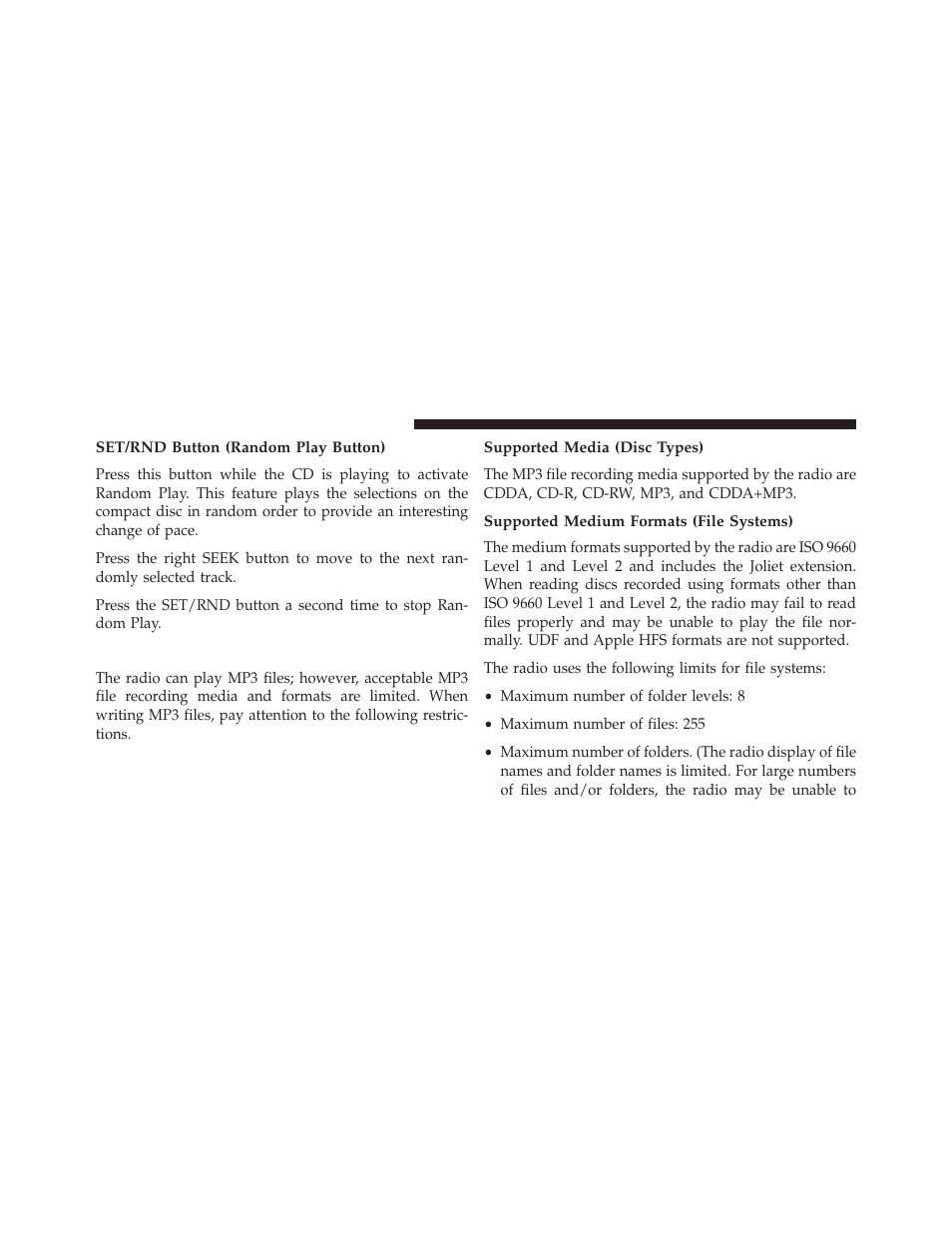 Set/rnd button (random play button), Notes on playing mp3 files, Supported media (disc types) | Supported medium formats (file systems) | Dodge 2014 Avenger - Owner Manual User Manual | Page 260 / 517