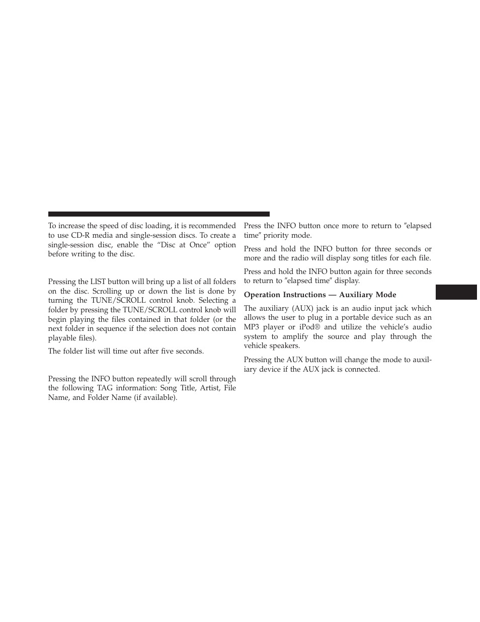 List button (cd mode for mp3 play), Info button (cd mode for mp3 play), Operation instructions — auxiliary mode | Dodge 2014 Avenger - Owner Manual User Manual | Page 263 / 517