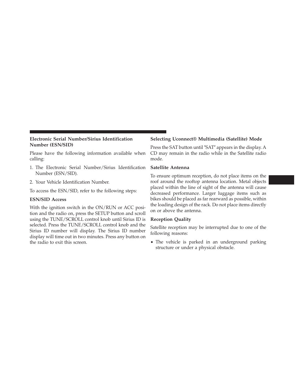 Esn/sid access, Selecting uconnect® multimedia (satellite) mode, Satellite antenna | Reception quality | Dodge 2014 Avenger - Owner Manual User Manual | Page 265 / 517