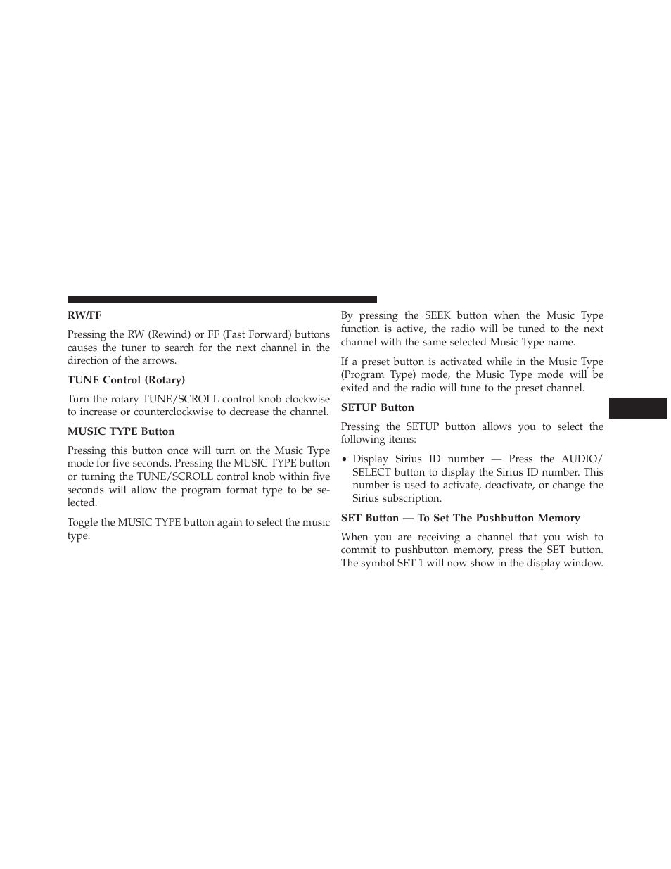 Rw/ff, Tune control (rotary), Music type button | Setup button, Set button — to set the pushbutton memory | Dodge 2014 Avenger - Owner Manual User Manual | Page 267 / 517