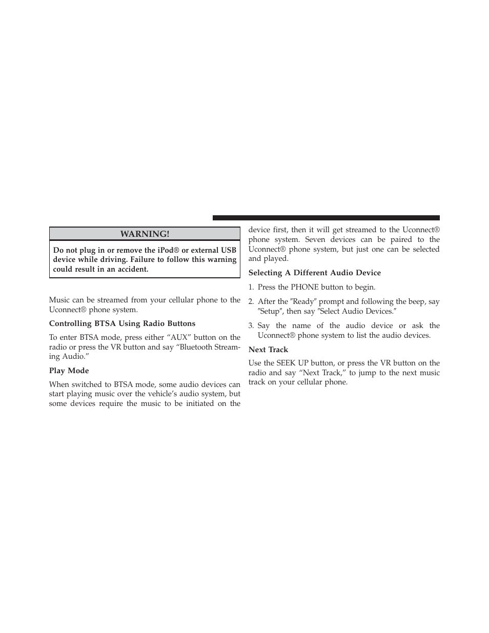 Bluetooth® streaming audio (btsa), Controlling btsa using radio buttons, Play mode | Selecting a different audio device, Next track | Dodge 2014 Avenger - Owner Manual User Manual | Page 274 / 517