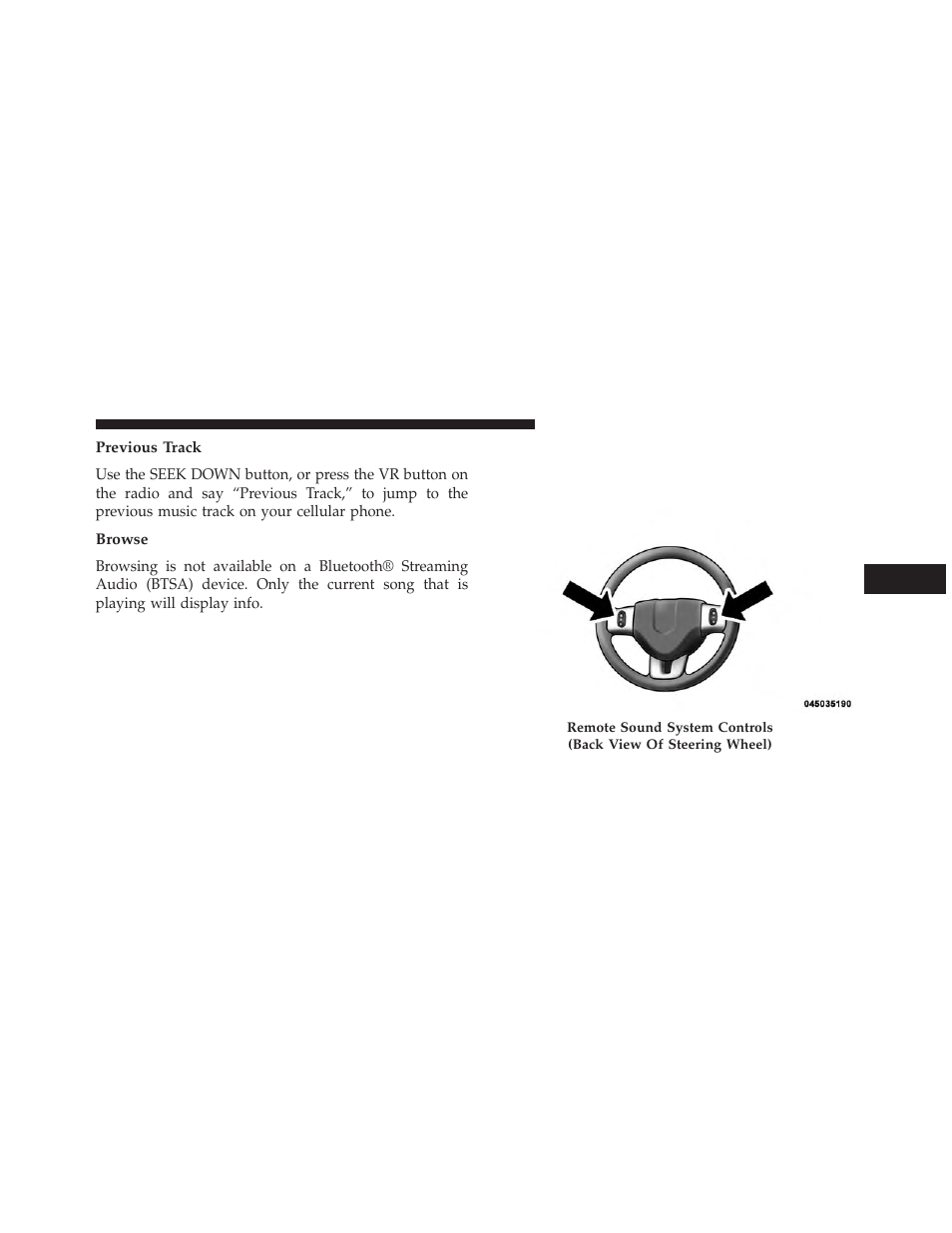 Previous track, Browse, Steering wheel audio controls — if equipped | Steering wheel audio controls, If equipped | Dodge 2014 Avenger - Owner Manual User Manual | Page 275 / 517