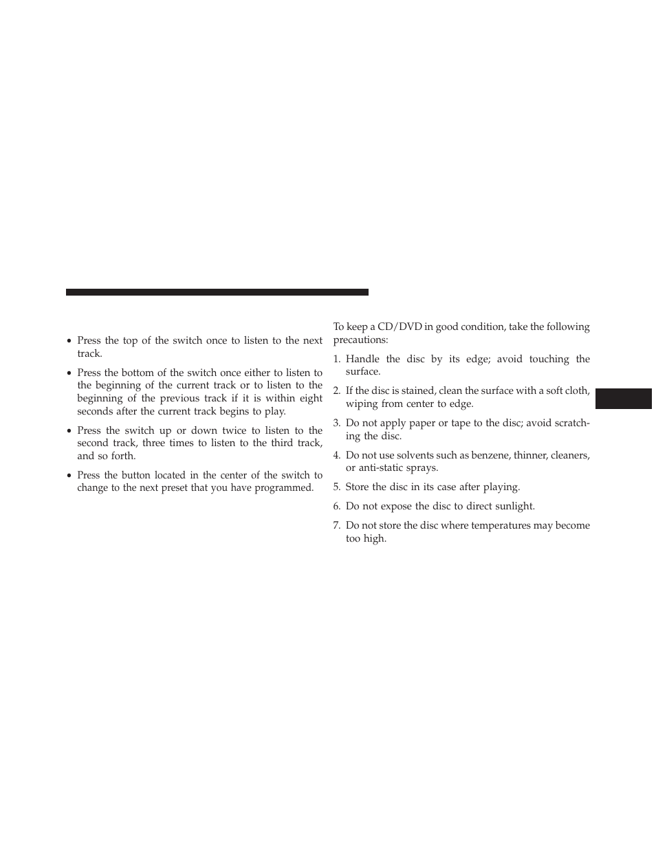 Cd/dvd disc maintenance, Left-hand switch functions for media (i.e., cd), Operation | Dodge 2014 Avenger - Owner Manual User Manual | Page 277 / 517