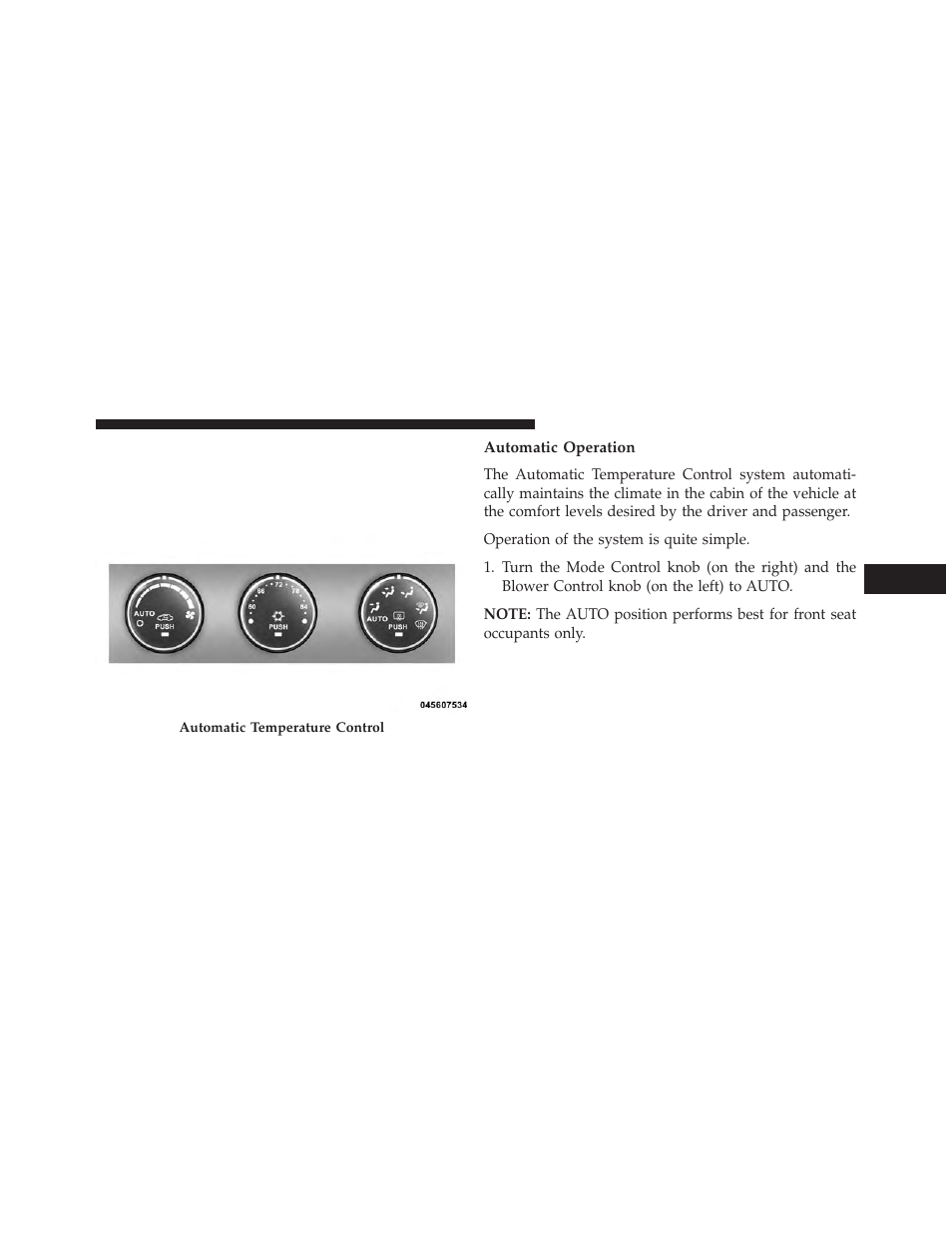 Automatic temperature control (atc) — if equipped, Automatic operation, Automatic temperature control (atc) | If equipped | Dodge 2014 Avenger - Owner Manual User Manual | Page 283 / 517