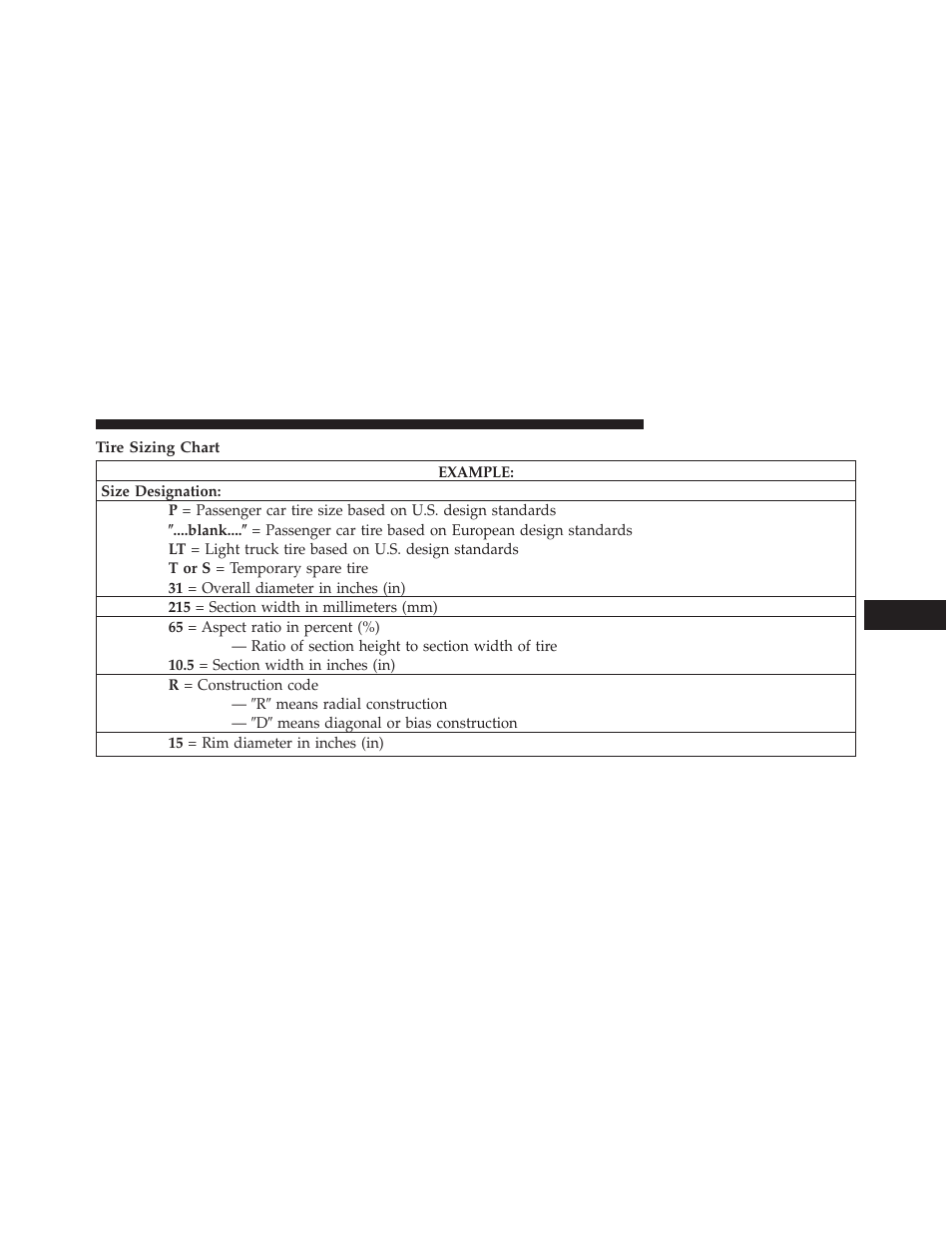 Tire sizing chart | Dodge 2014 Avenger - Owner Manual User Manual | Page 339 / 517