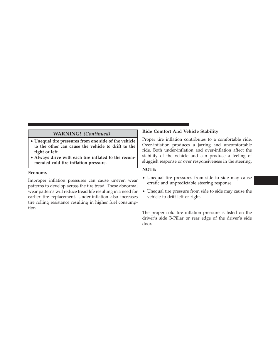 Economy, Ride comfort and vehicle stability, Tire inflation pressures | Dodge 2014 Avenger - Owner Manual User Manual | Page 349 / 517