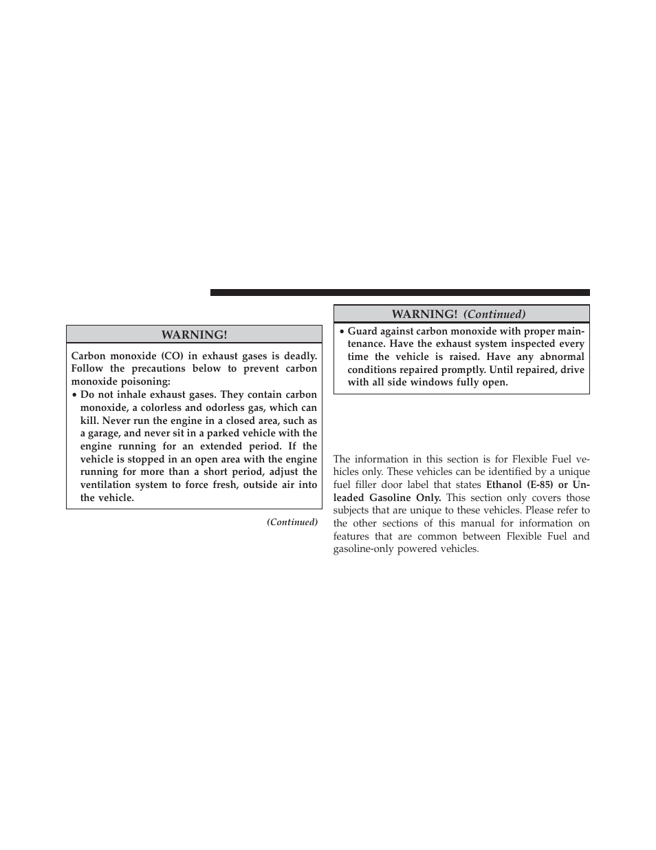 Carbon monoxide warnings, Flexible fuel (3.6l engine only) — if equipped, E-85 general information | Flexible fuel (3.6l engine only) — if, Equipped | Dodge 2014 Avenger - Owner Manual User Manual | Page 374 / 517