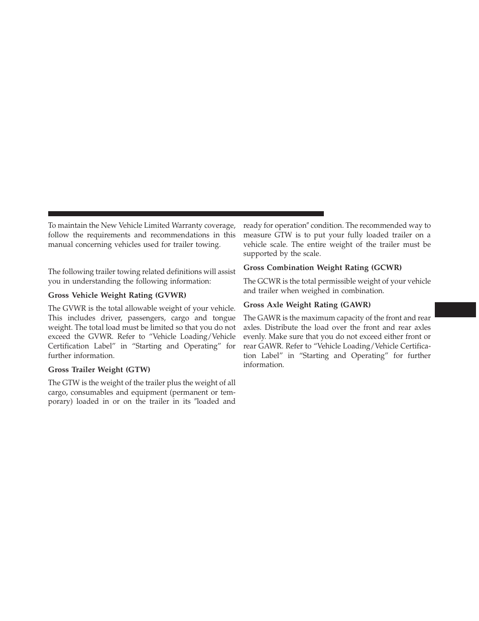 Common towing definitions, Gross vehicle weight rating (gvwr), Gross trailer weight (gtw) | Gross combination weight rating (gcwr), Gross axle weight rating (gawr) | Dodge 2014 Avenger - Owner Manual User Manual | Page 383 / 517