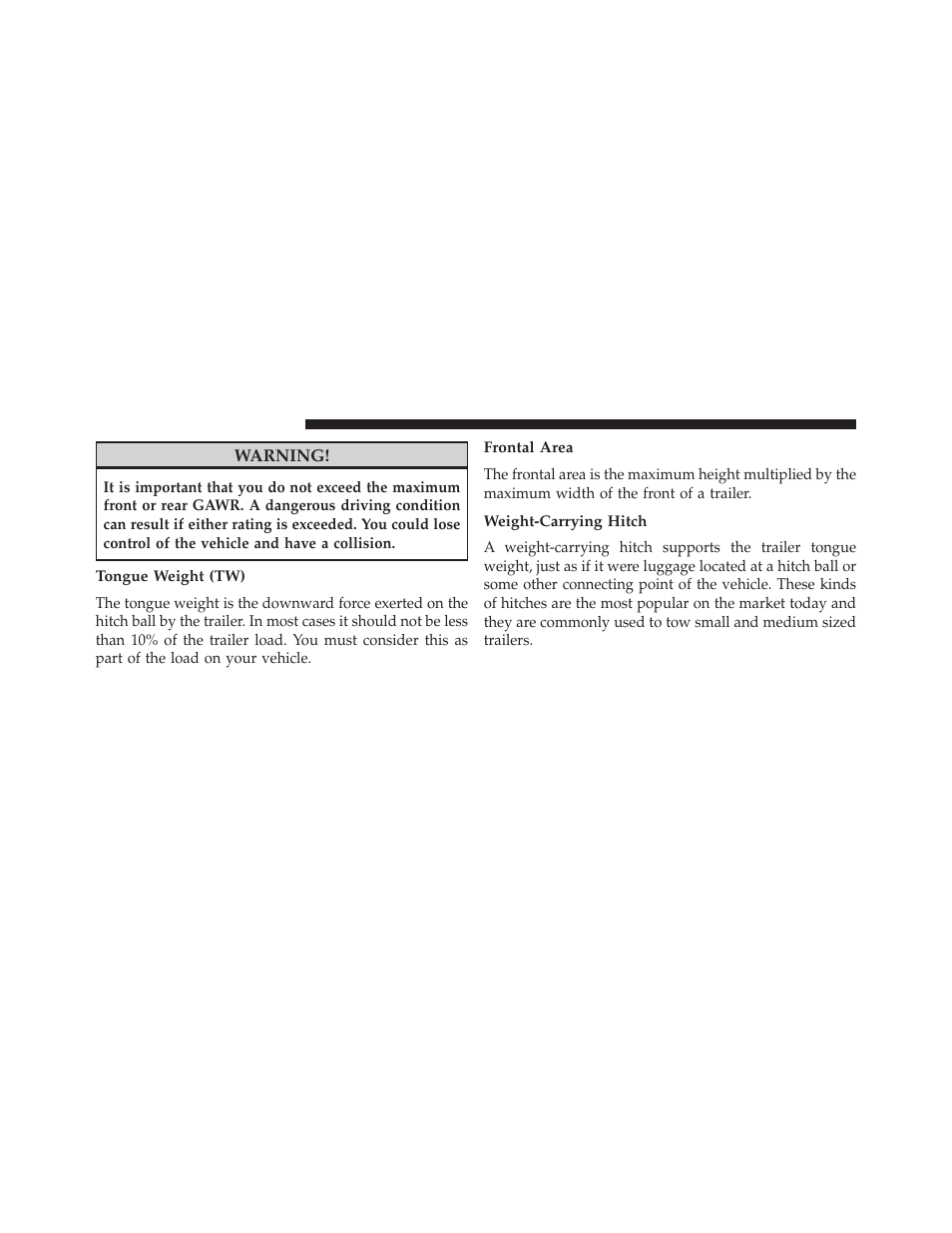 Tongue weight (tw), Frontal area, Weight-carrying hitch | Dodge 2014 Avenger - Owner Manual User Manual | Page 384 / 517