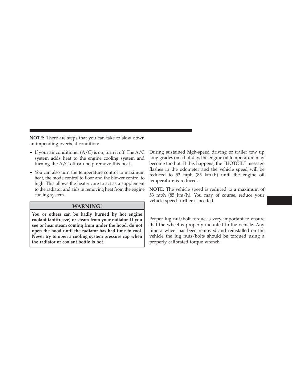 Wheel and tire torque specifications, Engine oil overheating (2.4l engine only), If equipped | Wheel and tire torque, Specifications | Dodge 2014 Avenger - Owner Manual User Manual | Page 399 / 517