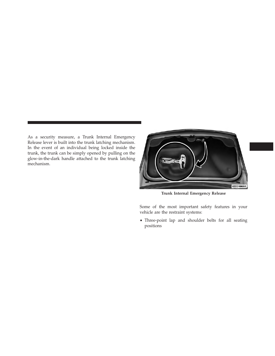 Trunk internal emergency release, Occupant restraints | Dodge 2014 Avenger - Owner Manual User Manual | Page 43 / 517