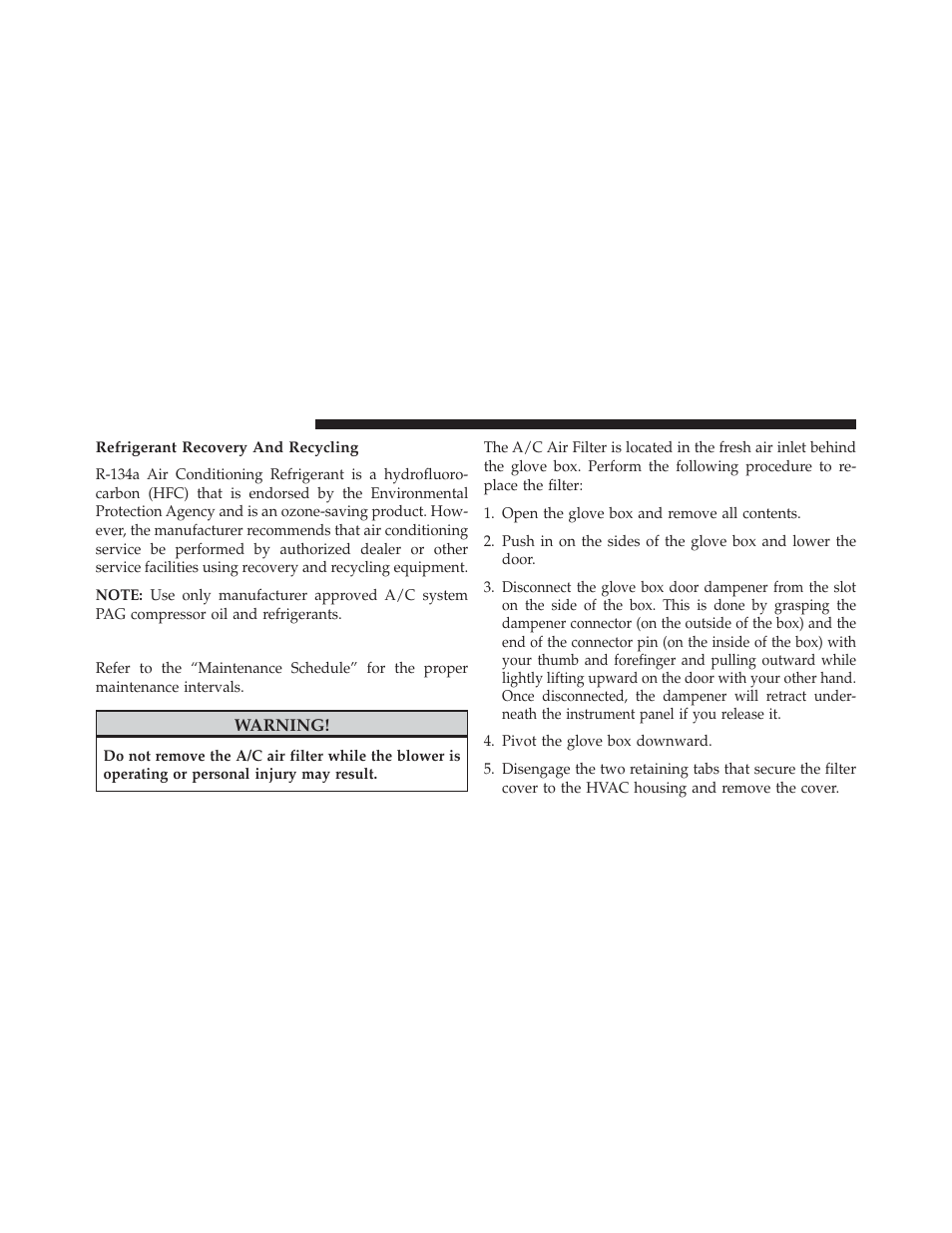 Refrigerant recovery and recycling, A/c air filter — if equipped | Dodge 2014 Avenger - Owner Manual User Manual | Page 440 / 517