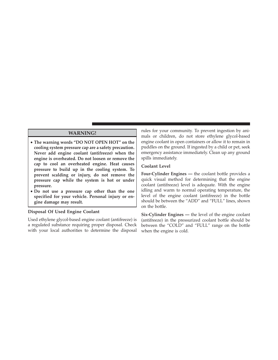 Disposal of used engine coolant, Coolant level | Dodge 2014 Avenger - Owner Manual User Manual | Page 450 / 517