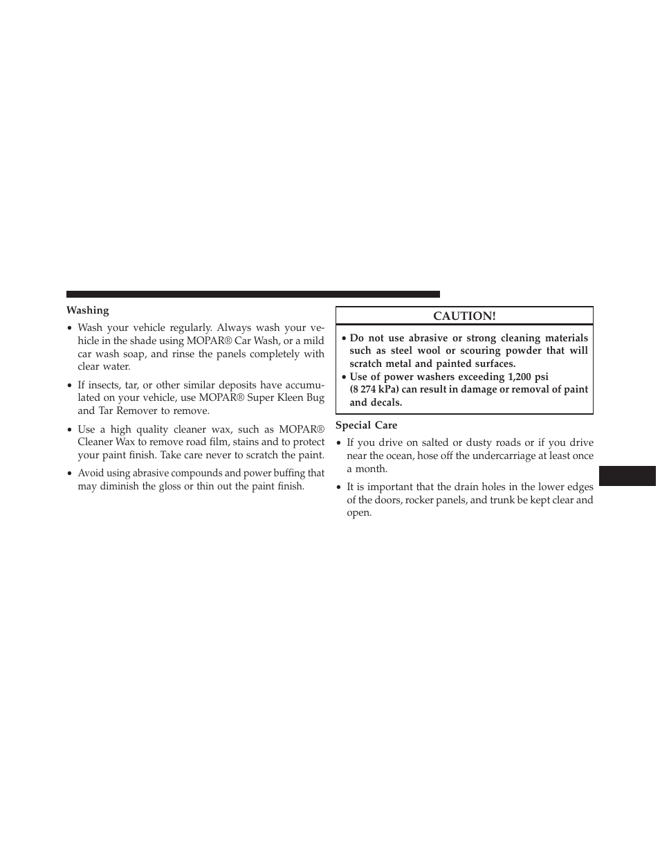 Washing, Special care | Dodge 2014 Avenger - Owner Manual User Manual | Page 459 / 517