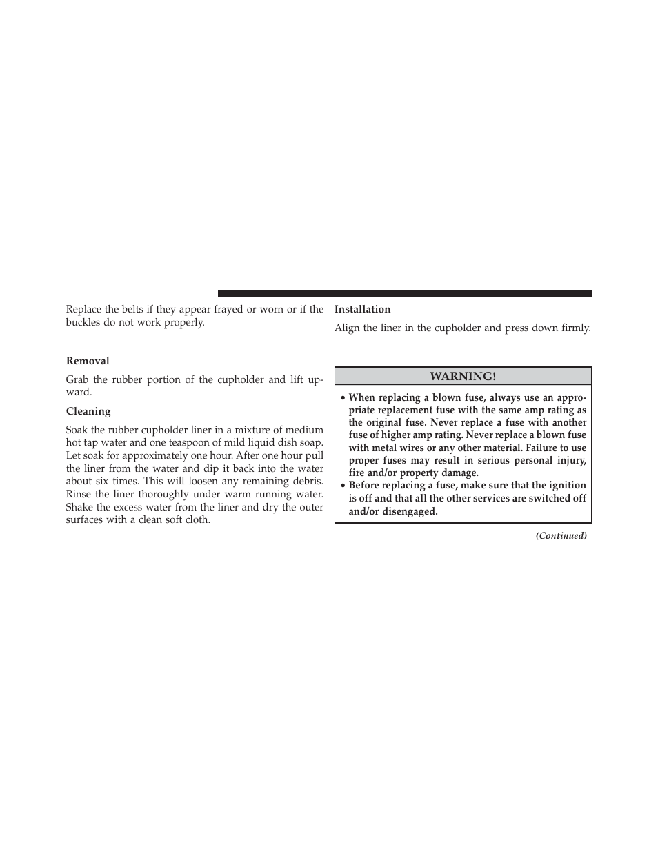 Cleaning center console cupholders, Removal, Cleaning | Installation, Fuses | Dodge 2014 Avenger - Owner Manual User Manual | Page 464 / 517