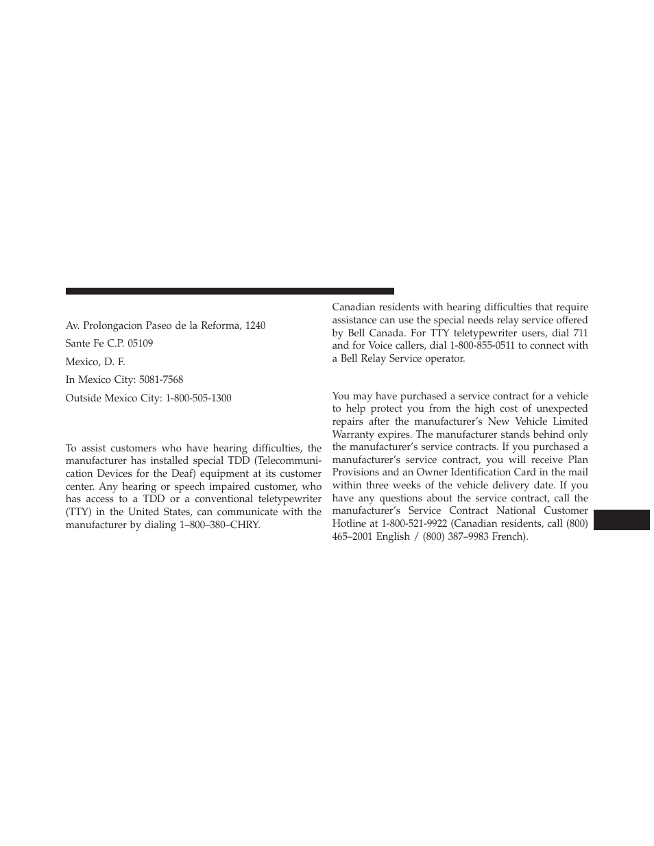 In mexico contact, Service contract, Customer assistance for the hearing or speech | Impaired (tdd/tty) | Dodge 2014 Avenger - Owner Manual User Manual | Page 491 / 517