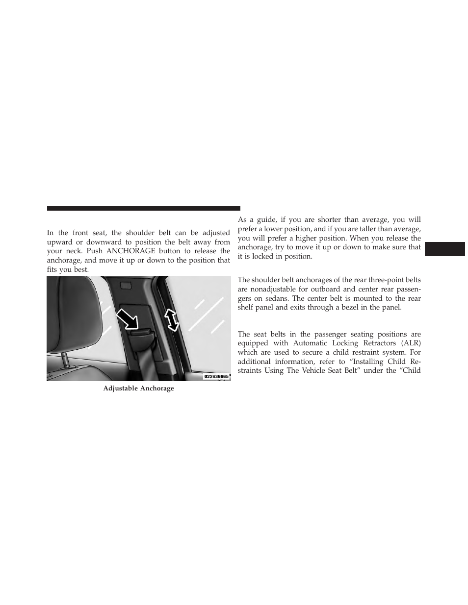 Adjustable upper shoulder belt anchorage, Rear seat belts, Seat belts in passenger seating positions | Dodge 2014 Avenger - Owner Manual User Manual | Page 53 / 517