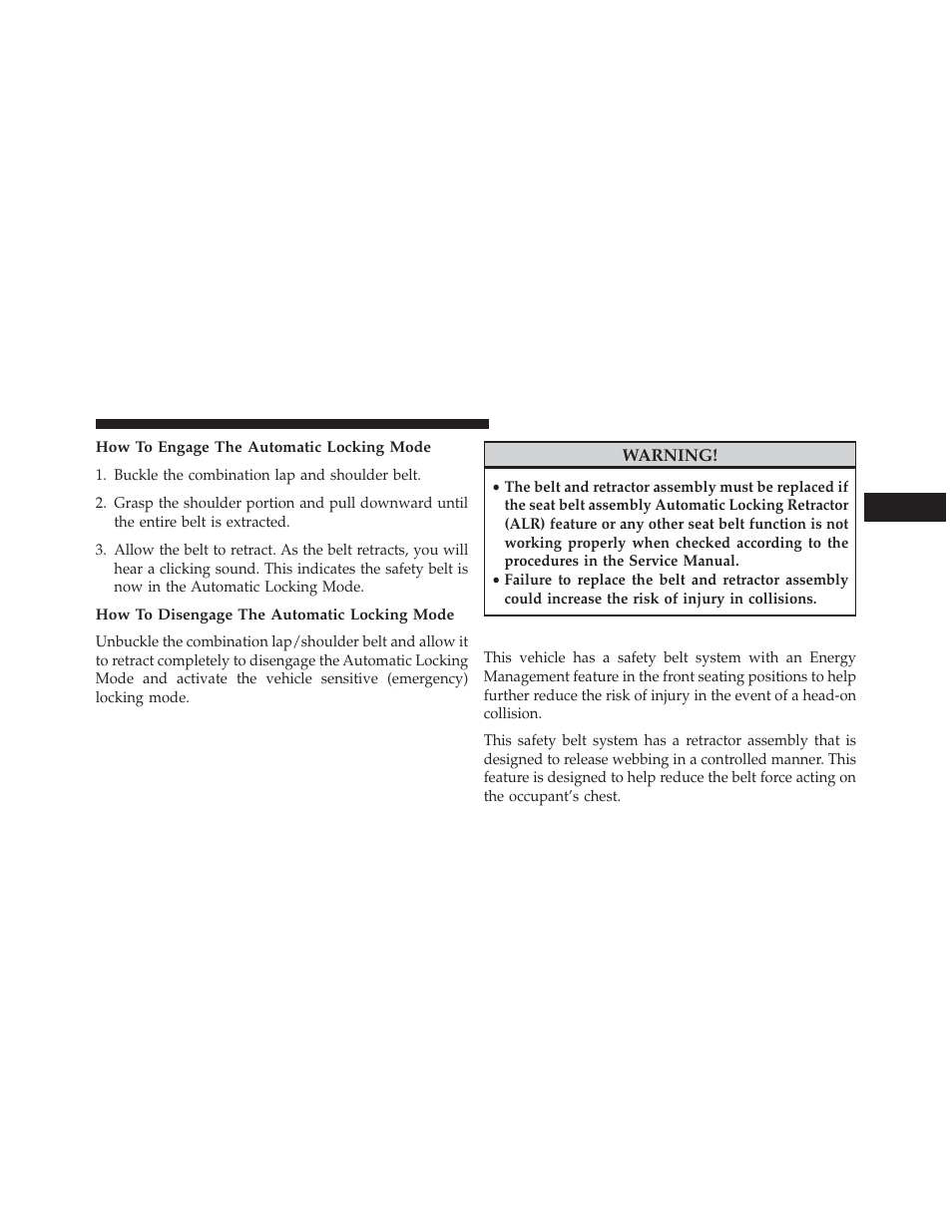 How to engage the automatic locking mode, How to disengage the automatic locking mode, Energy management feature | Dodge 2014 Avenger - Owner Manual User Manual | Page 55 / 517